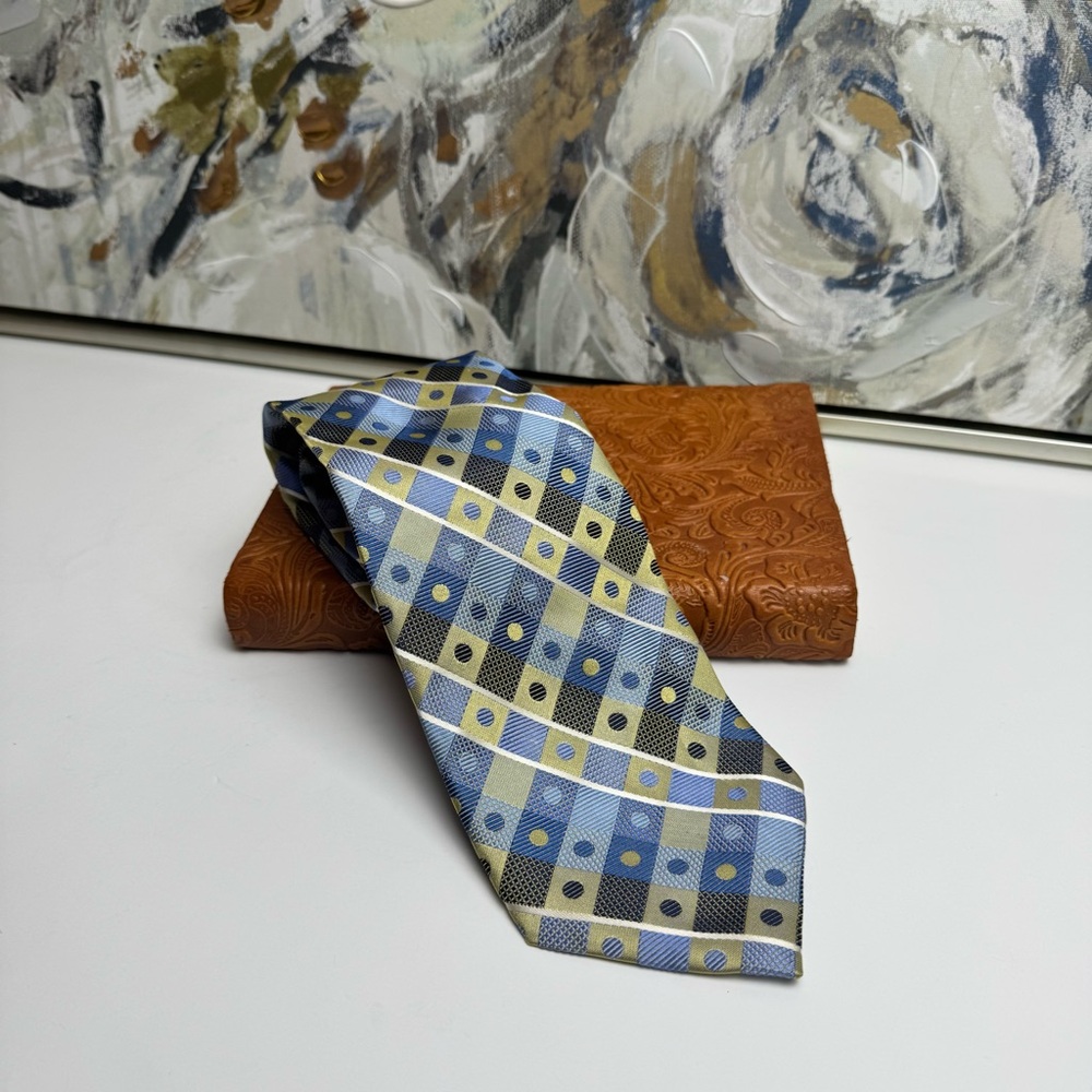 Bruno Piattelli Pure Silk Tie – Blue & Gold Geometric Pattern